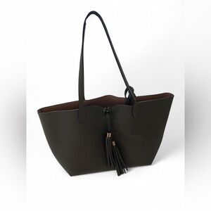 Olive Green Faux Leather Tote Bag with Tassel Detail and Attached Wallet